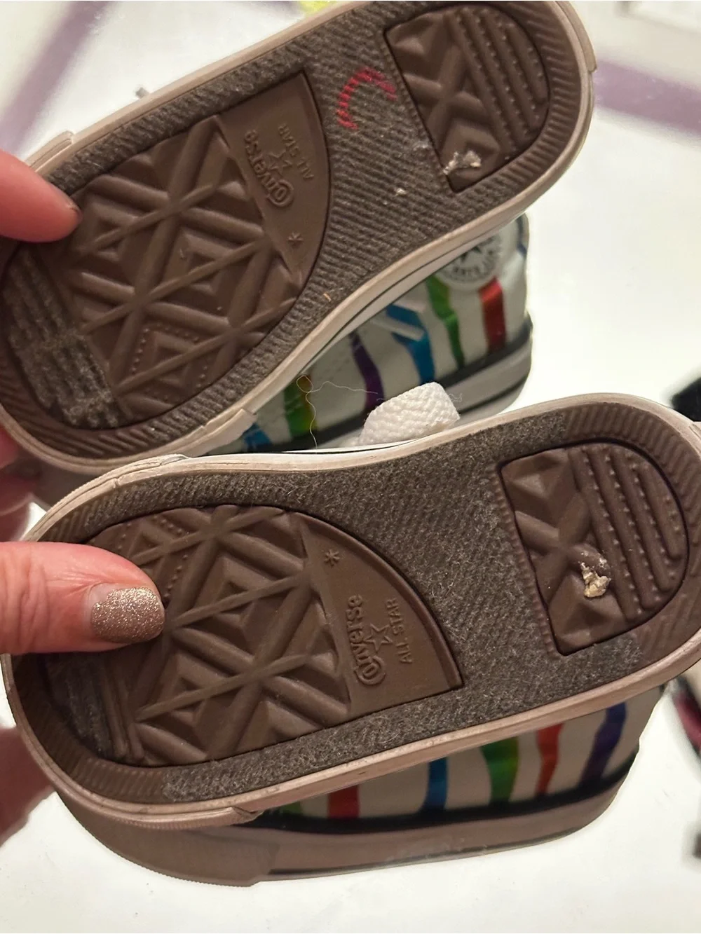 Converse White Kids High Top Sneakers with Rainbow Stripes